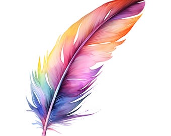 Könnte beinhalten: Eine farbenfrohe Feder mit einem Farbverlauf von Gelb, Orange, Rosa, Lila und Blau. Die Feder ist mit feinen Linien und einem weichen Aquarelleffekt detailliert.