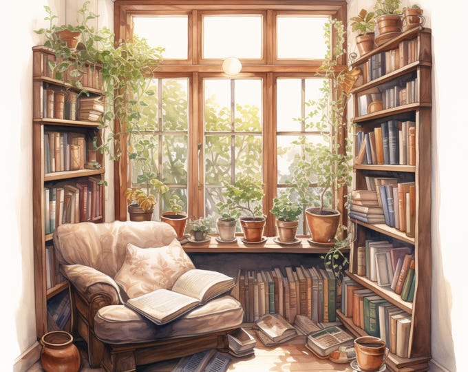 Cozy Bookish Clipart: Watercolor Reading Nook Art (JPG Digital Download, Commercial Use)