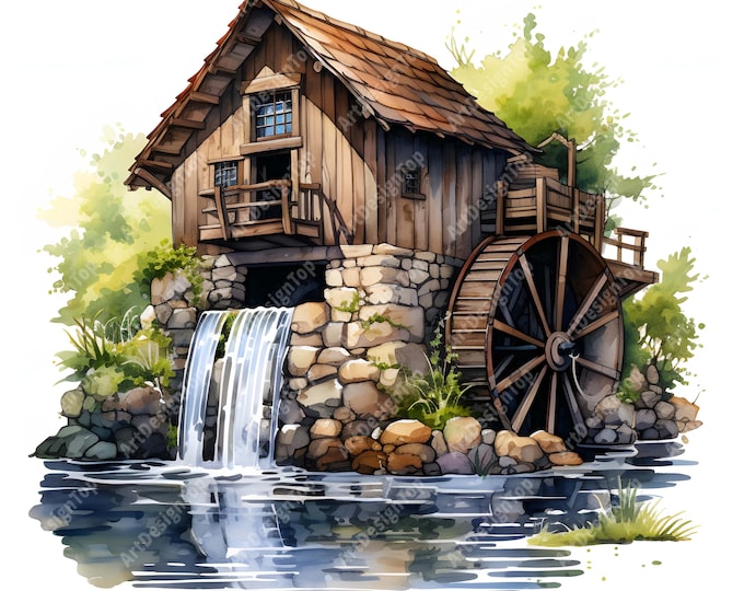 Watermill Clipart, Water Mill Images, 10 Watercolor Clip Art, Printable JPGs, Instant Download, Commercial Use, Paper craft