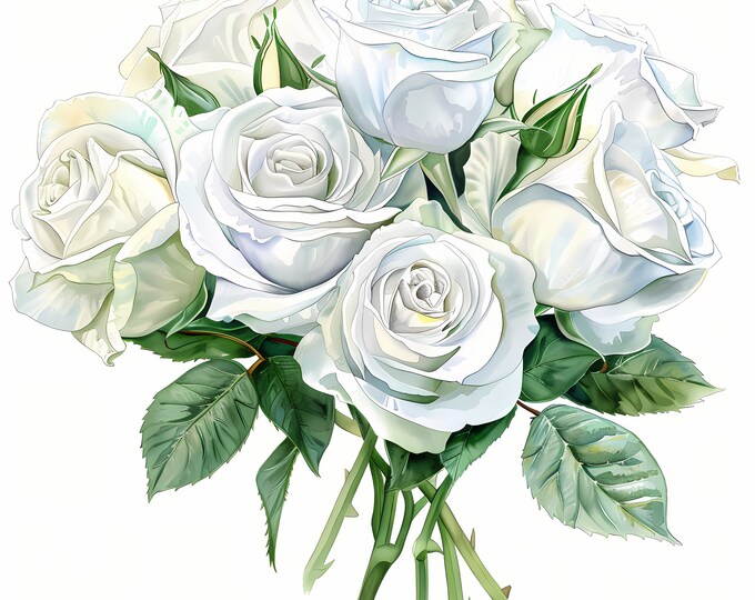 White Roses Clipart, Roses Bouquet Images, 10 Watercolor Clip Art, Printable JPGs, Instant Download, Commercial Use, Paper craft