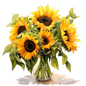 Clipart bouquet de tournesols, tournesols dans un vase, 10 images clipart aquarelle, fichiers JPG imprimables, téléchargement immédiat, usage commercial, créations en papier