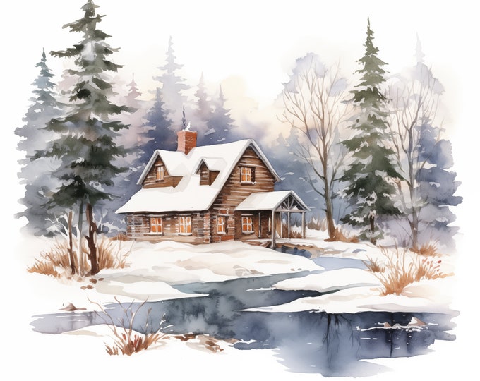 Winter Cottage Clipart, Cottage in Snow Images, 10 Watercolor Clip Art, Printable JPGs, Instant Download, Commercial Use, Paper craft
