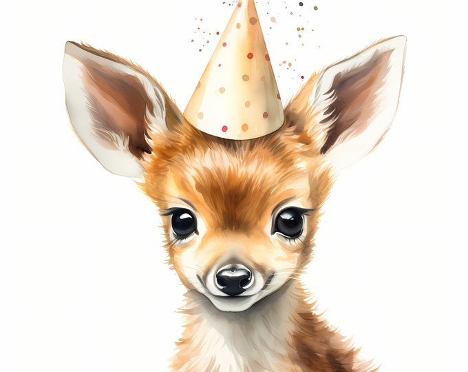 Fawn Clipart, Fawn with Party Hat Images, 10 Watercolor Clip Art, Printable JPGs, Instant Download, Commercial Use, Paper craft