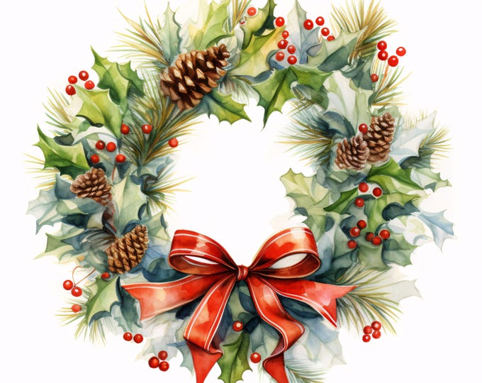 Watercolor Christmas Wreath Clipart: Holiday Pine Garland (JPG Instant Download, Commercial Use)