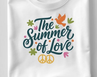 The Summer of Love SVG, Retro Hippie Quote T-Shirt Print, Peace Dove DXF PNG Design for Cricut Silhouette