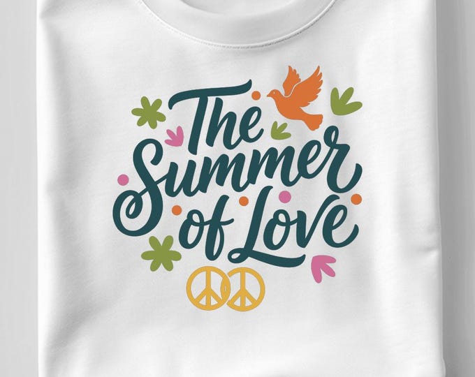 The Summer of Love SVG, Retro Hippie Quote T-Shirt Print, Peace Dove DXF PNG Design for Cricut Silhouette