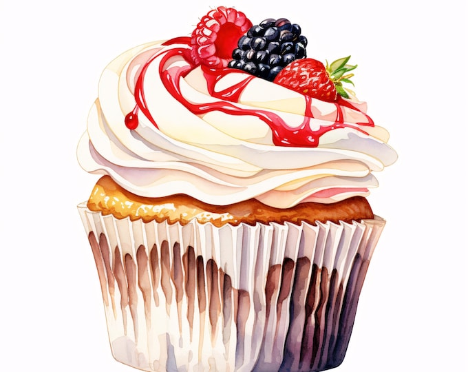 Cupcake Clipart, Sweet Dessert Images, 10 Watercolor Clip Art, Printable JPGs, Instant Download, Commercial Use, Baking Craft