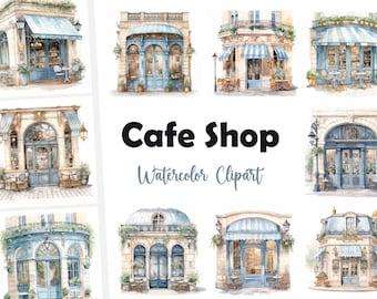 Cafe Shop Clipart, Parisian Cafe Shop Images, 10 Watercolor Clip Art, Printable JPGs, Instant Download, Commercial Use, Paper craft