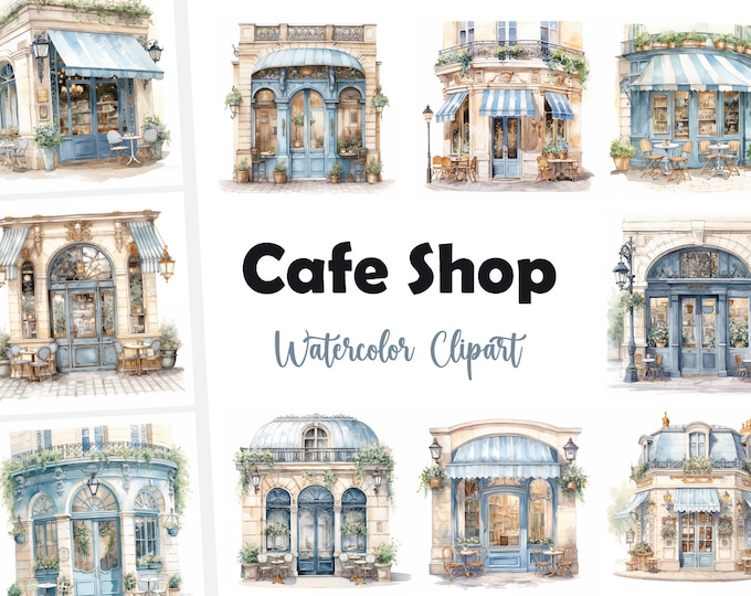 Cafe Shop Clipart, Parisian Cafe Shop Images, 10 Watercolor Clip Art, Printable JPGs, Instant Download, Commercial Use, Paper craft