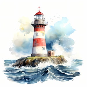Clipart del faro, immagini del faro in tempesta, 10 clipart ad acquerello, JPG stampabili, download istantaneo, uso commerciale, creazione di carta