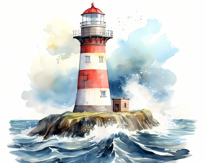 Lighthouse Clipart, Lighthouse in Storm Images, 10 Watercolor Clip Art, Printable JPGs, Instant Download, Commercial Use, Paper craft