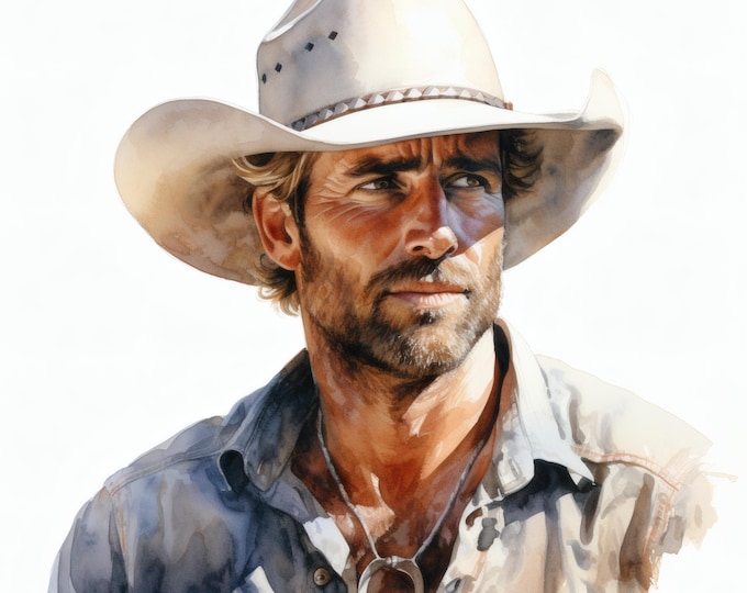 Cowboy Portrait Clipart, Rustic Holiday Man Images, 10 Watercolor Clip Art, Printable JPGs, Instant Download, Commercial Use, Paper craft