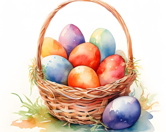 Easter Eggs Clipart, Eggs In Basket Images, 10 Watercolor Clip Art, Printable JPGs, Instant Download, Commercial Use, Paper craft
