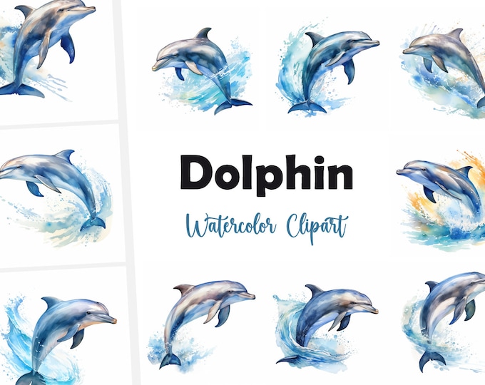 Dolphin Clipart, Dolphin Images, 10 Watercolor Clip Art, Printable JPGs, Instant Download, Commercial Use, Paper craft