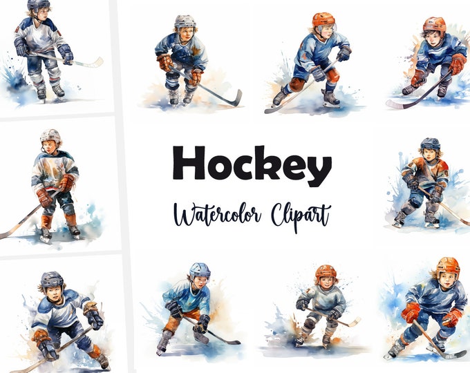 Children Hockey Clipart, Hockey Sport Images, 10 Watercolor Clip Art, Printable JPGs, Instant Download, Commercial Use, Paper craft