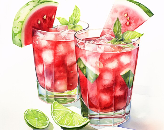 Watermelon Cocktail Clipart, Summer Drink Images, 10 Watercolor Clip Art, Printable JPGs, Instant Download, Party Paper Craft