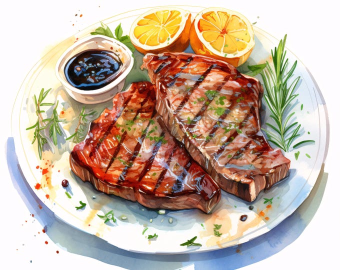 Watercolor Grilled Steak Clipart: BBQ Food Art (JPG Download, Commercial Use)