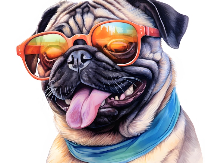 Cool Pug Clipart, Dog With Sunglasses Images, 10 Watercolor Clip Art, Printable JPGs, Instant Download, Commercial Use, Paper craft