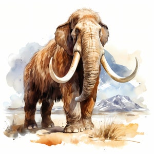 Watercolor Mammoth Clipart: Ice Age Animal Images (JPG Digital Download)