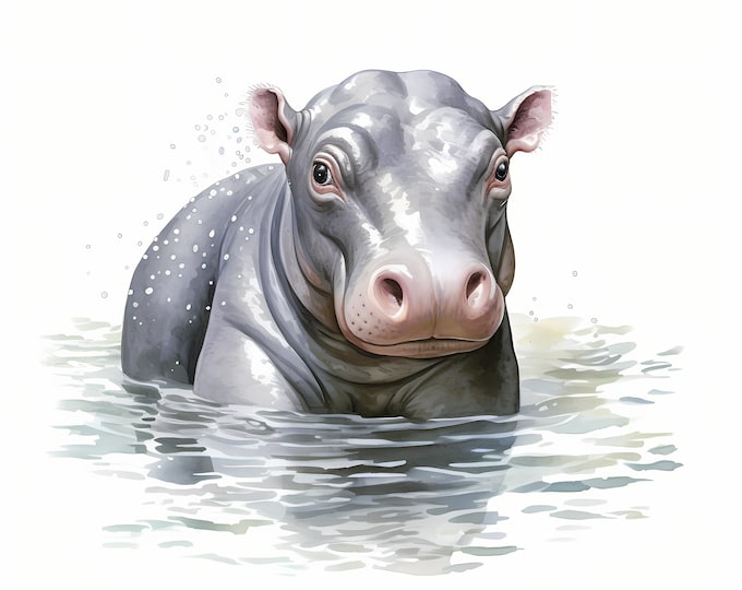 Baby Hippo Clipart, Funny Hippopotamus Images, 10 Watercolor Clip Art, Printable JPGs, Instant Download, Commercial Use, Paper craft