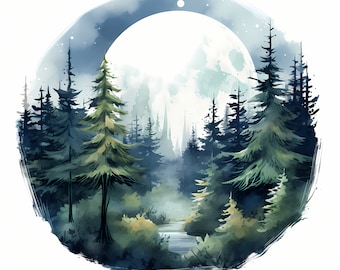 Pode incluir: Uma pintura a aquarela de uma cena de floresta com uma grande lua cheia ao fundo. As árvores são de um verde escuro e azul, e há um pequeno riacho que atravessa o centro da imagem.