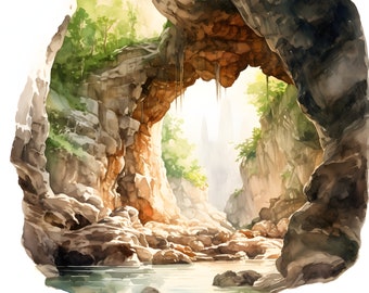 Watercolor Cave Clipart: Cenote Landscape Images (JPGs, Commercial Use)