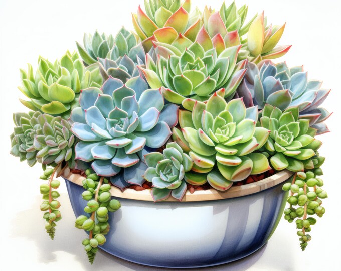 Succulent Clipart, Cactus Plant Bowl Images, 10 Watercolor Clip Art, Printable JPGs, Instant Download, Commercial Use, Paper craft