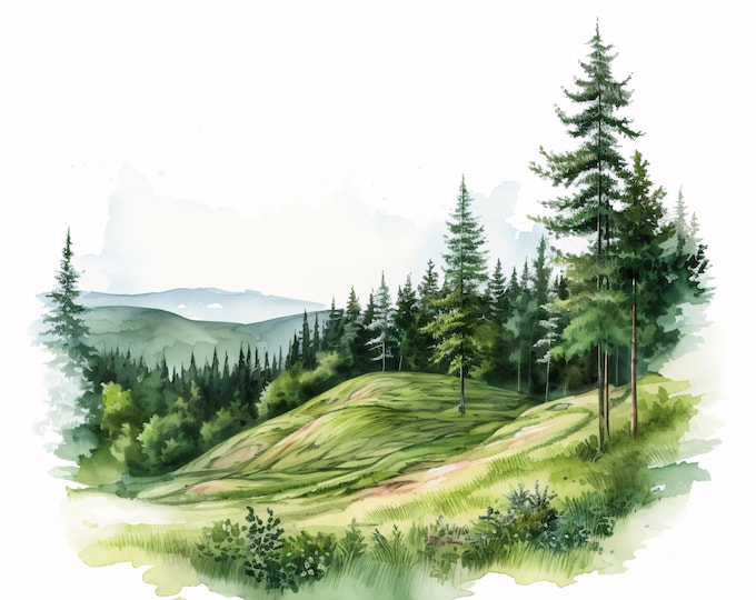 Watercolor Forest Landscape Clipart: Mountain Hill JPG Images (Commercial Use, Instant Download)