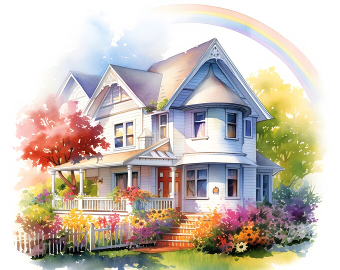 Rainbow House Clipart, Colorful Houses Images, 10 Watercolor Clip Art, Printable JPGs, Instant Download, Commercial Use, Paper craft
