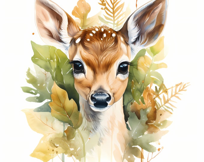 Deer in Plants Clipart, Forest Fawn Images, 10 Watercolor Clip Art, Printable JPGs, Instant Download, Commercial Use, Paper craft