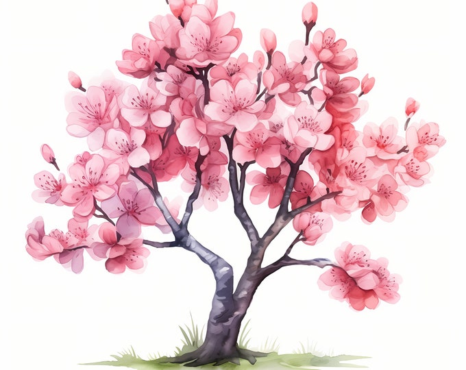 Peach Blossom Tree Clipart, Cherry Trees Images, 10 Watercolor Clip Art, Printable JPGs, Instant Download, Commercial Use, Paper craft