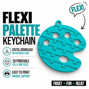 Könnte beinhalten: Ein leuchtend türkisfarbener, beweglicher und flexibler Schlüsselanhänger in Form einer Malerpalette mit drei kreisförmigen Aussparungen und einer kleinen Öse oben. Der Text auf dem Bild lautet: FLEXI PALETTE KEYCHAIN, DIGITAL DOWNLOAD NO PHYSICAL ITEM, 3D PRINTABLE STL & 3MF FILES, EASY TO PRINT MINIMAL SUPPORT, FLEX!, FIDGET FUN RELIEF.