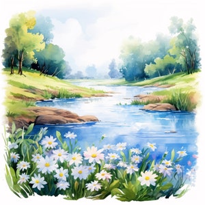 River Clipart, Flower Lined Rivers Images, 10 Watercolor Clip Art, Printable JPGs, Instant Download, Commercial Use, Paper craft