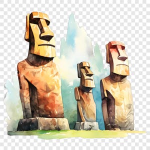 May include: Watercolor illustration of three Moai statues in shades of brown, orange, and yellow. The statues have large heads and are set against a backdrop of blue and green watercolor washes, suggesting a landscape.