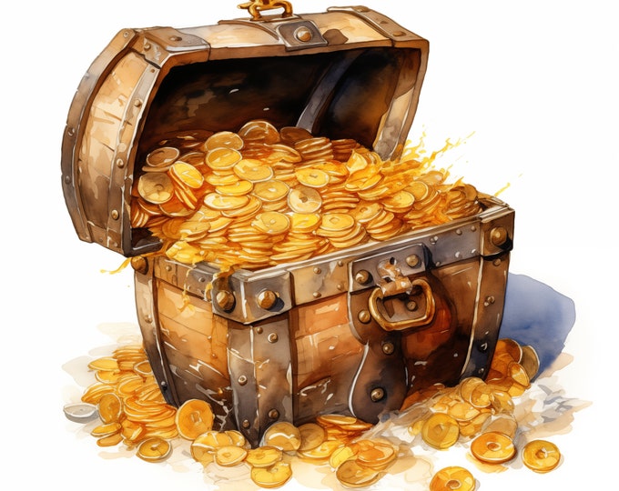 Treasure Chest Clipart, Pirate Treasure Images, 10 Watercolor Clip Art, Printable JPGs, Instant Download, Commercial Use, Paper craft
