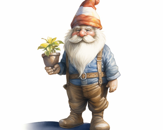 Garden Gnome Clipart, Gnome in Garden Images, 12 Watercolor Clip Art, Printable JPGs, Instant Download, Commercial Use, Paper craft