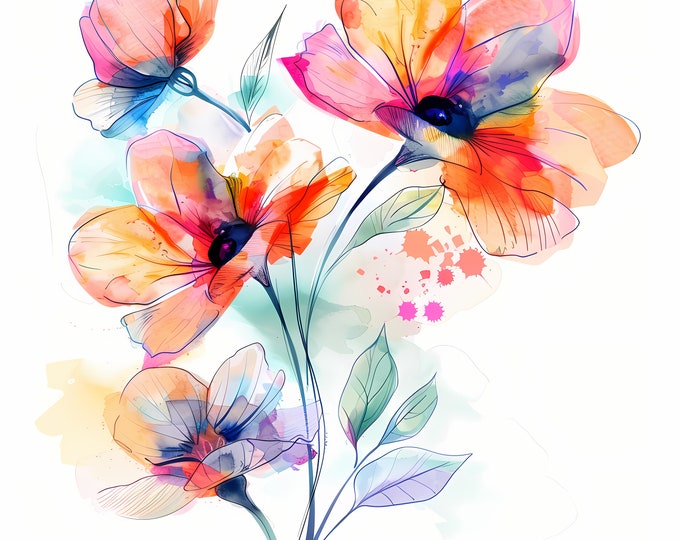 Abstract Flowers Clipart, Floral Bouquet Images, 10 Watercolor Clip Art, Printable JPGs, Instant Download, Commercial Use, Paper craft