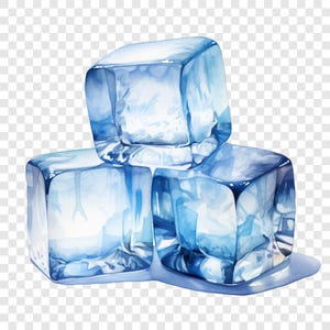 May include: Watercolor illustration of three blue ice cubes, with a transparent, watery appearance. The cubes are stacked and slightly melted, creating a cool, refreshing visual.