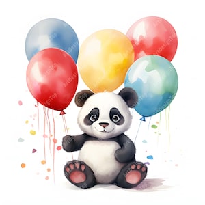 Clipart di un cucciolo di panda, immagini di panda con palloncini, 10 clipart ad acquerello, JPG stampabili, download istantaneo, uso commerciale, creazione di carta