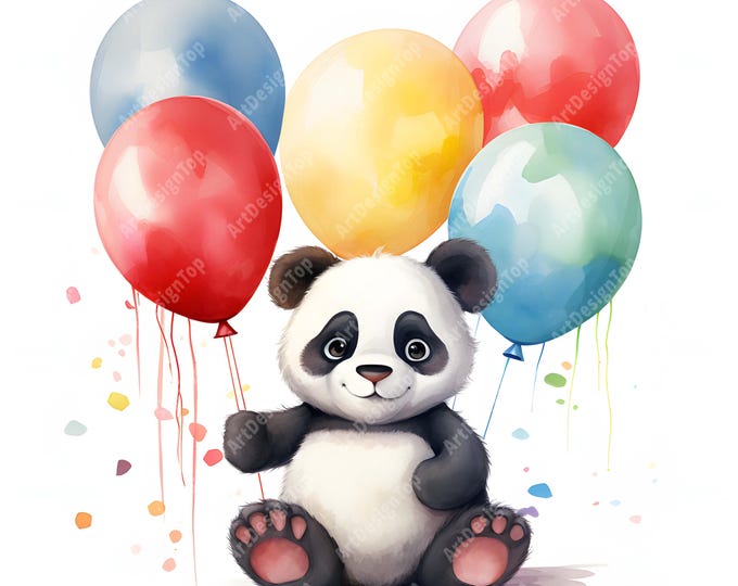 Baby Panda Clipart, Panda with Balloons Images, 10 Watercolor Clip Art, Printable JPGs, Instant Download, Commercial Use, Paper craft