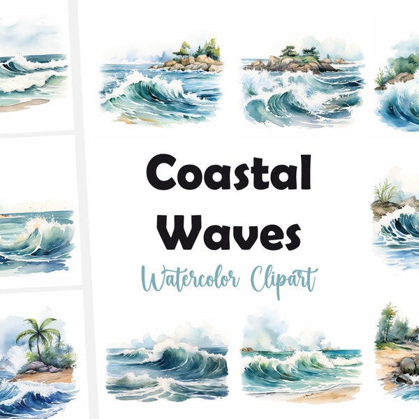 Coastal Waves, Sea Wave, Ocean Waves - Watercolor Clipart Set with 10 JPG Images - Instant Download, Commercial Use, Digital Prints