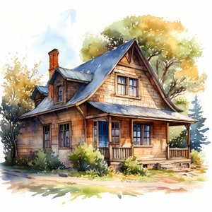 Countryside House Clipart, Rustic Cottages Images, 10 Watercolor Clip Art, Printable JPGs, Instant Download, Commercial Use, Paper craft