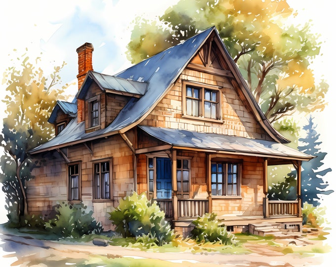 Countryside House Clipart, Rustic Cottages Images, 10 Watercolor Clip Art, Printable JPGs, Instant Download, Commercial Use, Paper craft