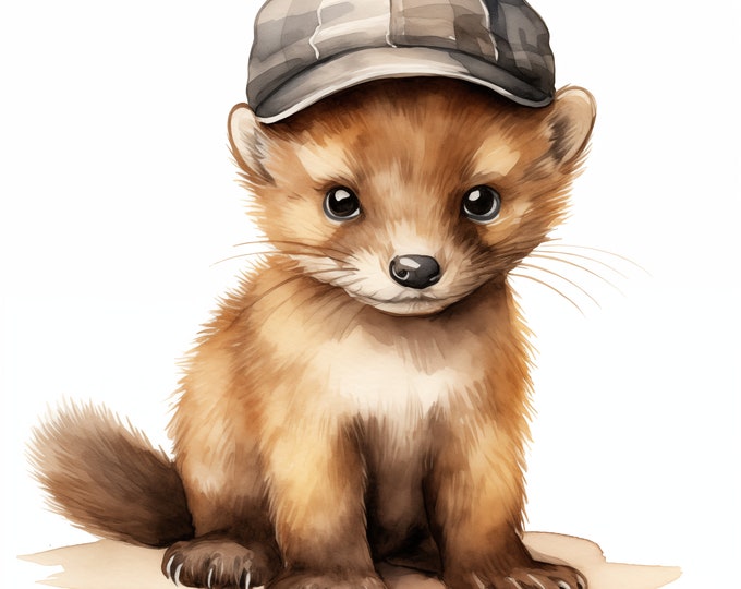 Baby Marten Clipart, Marten in Hat Images, 10 Watercolor Clip Art, Printable JPGs, Instant Download, Commercial Use, Paper craft