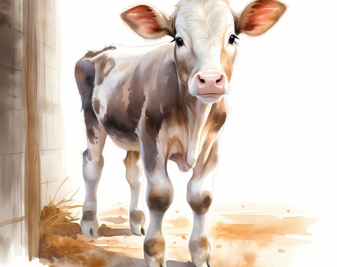 Cow Baby Clipart, Baby Cow In Barn Images, 10 Watercolor Clip Art, Printable JPGs, Instant Download, Commercial Use, Paper craft