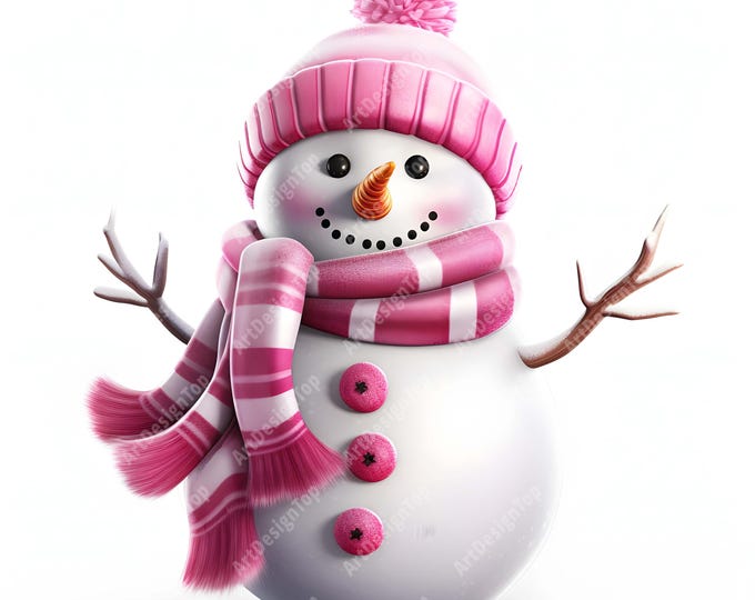 Pink Snowman Clipart, Snowman With Scarf Images, 10 Watercolor Clip Art, Printable JPGs, Instant Download, Commercial Use, Paper craft