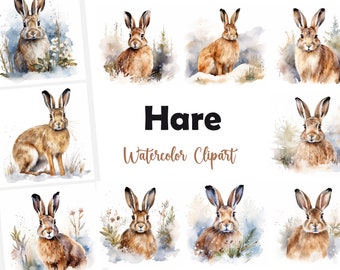 18 Hare in Winter Clipart, Hare Clipart, Watercolor clipart, High Quality JPGs, Digital Download, High Resolution, Commercial Use