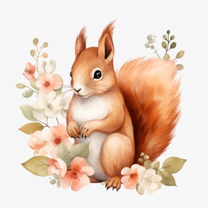 Squirrel Clipart, Squirrel with Flowers Images, 10 Watercolor Clip Art, Printable JPGs, Instant Download, Commercial Use, Paper craft