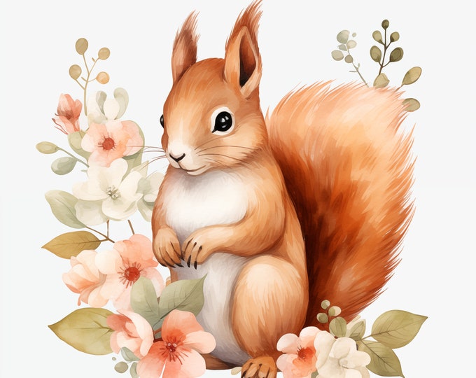 Squirrel Clipart, Squirrel with Flowers Images, 10 Watercolor Clip Art, Printable JPGs, Instant Download, Commercial Use, Paper craft