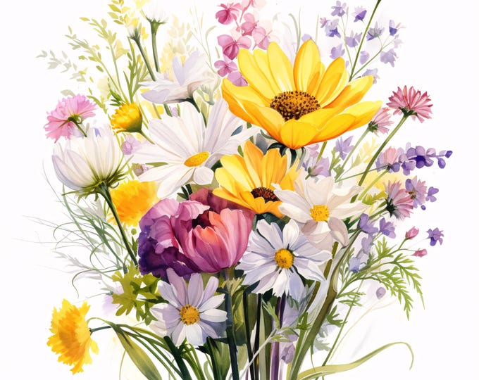 Wildflower Bouquet Clipart, Floral Watercolor Images, 10 Clip Art, Printable JPGs, Instant Download, Commercial Use, Paper craft